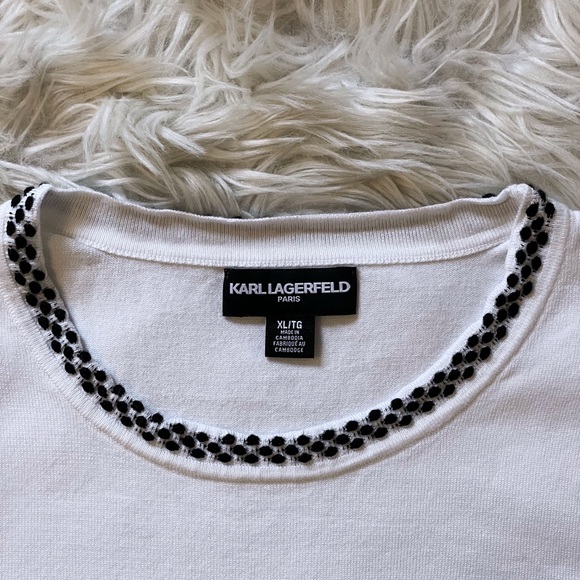 KARL LAGERFELD PARIS white knit t-shirt with black neck trim, XL - Picture 12 of 16